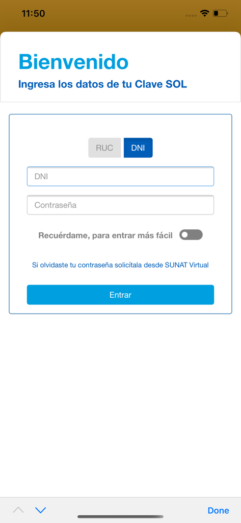 Tela de login do aplicativo móvel SUNAT APP Personas para gerenciamento de impostos peruanos