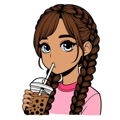 realistic girl with braided hair drinking boba