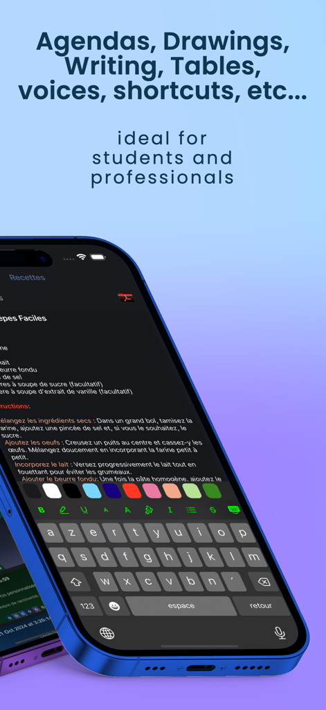 Notes Book PROアプリのインターフェイスが、テキスト書式設定オプション付きのレシピを表示しているiPhoneに表示されています。