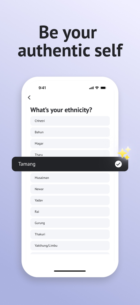 Milyo - Nepali Dating App - A mobile app screen for the Milyo dating app showing a list of Nepali ethnic groups to choose from including Tamang and Newar