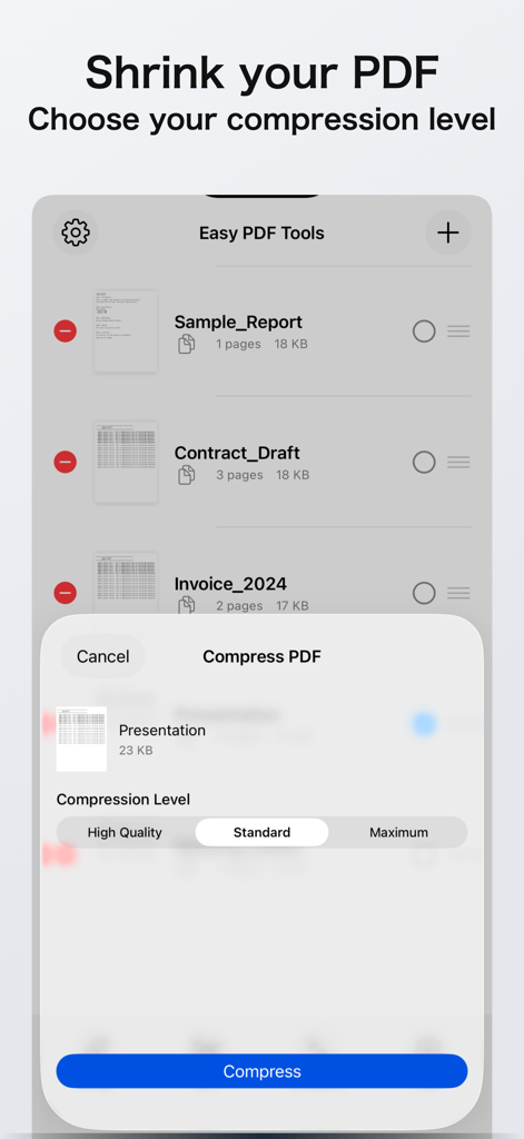 Easy PDF Tools - Interfaz de la aplicación Easy PDF Tools que muestra el menú de compresión de PDF con opciones de nivel de calidad