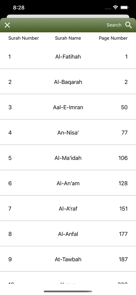 Quran Madina قرآن المدينة‎ - A list of Surahs in the Quran Madina app showing the surah number name and page number