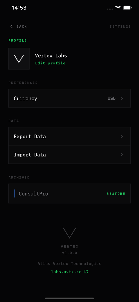 La pantalla de configuración de la aplicación Vertex Revenue Tracker que muestra detalles del perfil, preferencias de moneda y opciones de exportación de datos.