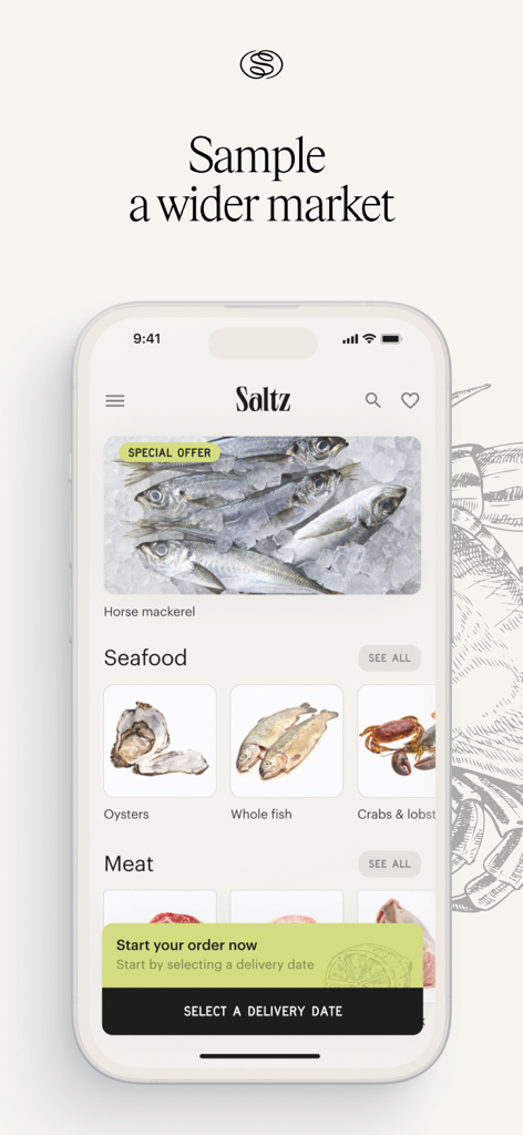 Saltz - Interface de l'application Saltz montrant des catégories de fruits de mer et de viande fraîche pour les chefs professionnels.