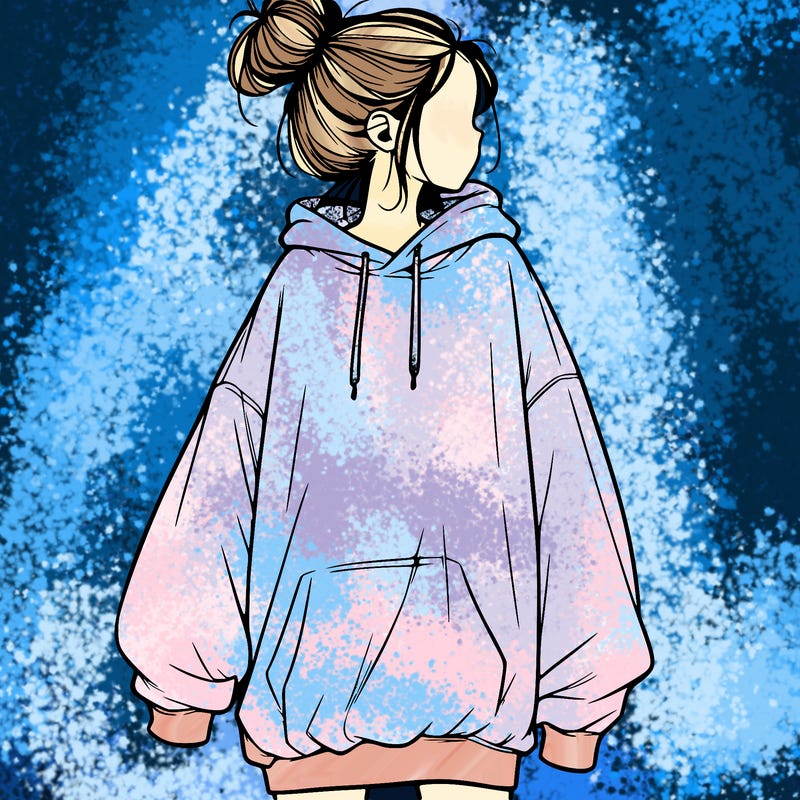 realistic girl with a oversized sweatshirt on and a bun