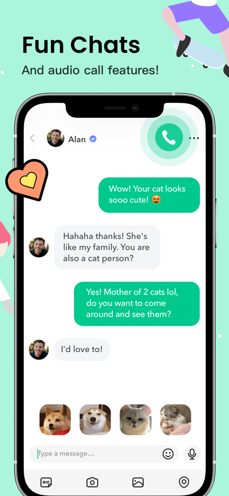 Omi dating app chat screen displaying a conversation with a verified user and a prominent audio call button.