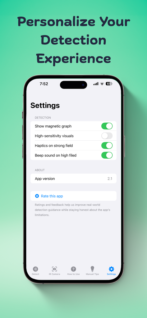 Electronic Device Detector settings screen for personalizing detection alerts and magnetic graph visuals.