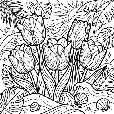 Dive into a vibrant summer scene with this stunning coloring page featuring elegant Fosteriana tulips. Surrounded by lush tropical leaves and whimsical beach elements, it offers a refreshing artistic escape for all ages.