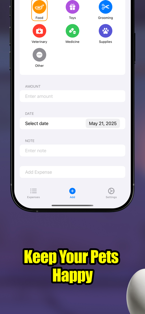 Mobile screen of PetPlanr app showing categories for tracking pet expenses including food toys and veterinary care