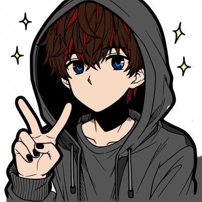 teenage manga boy in a hoodie, doing ✌