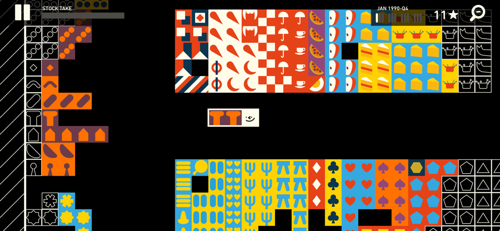 Wilmot's Warehouse - Minimalist puzzle gameplay showing organized rows of colorful icons like apples and umbrellas in a warehouse grid.
