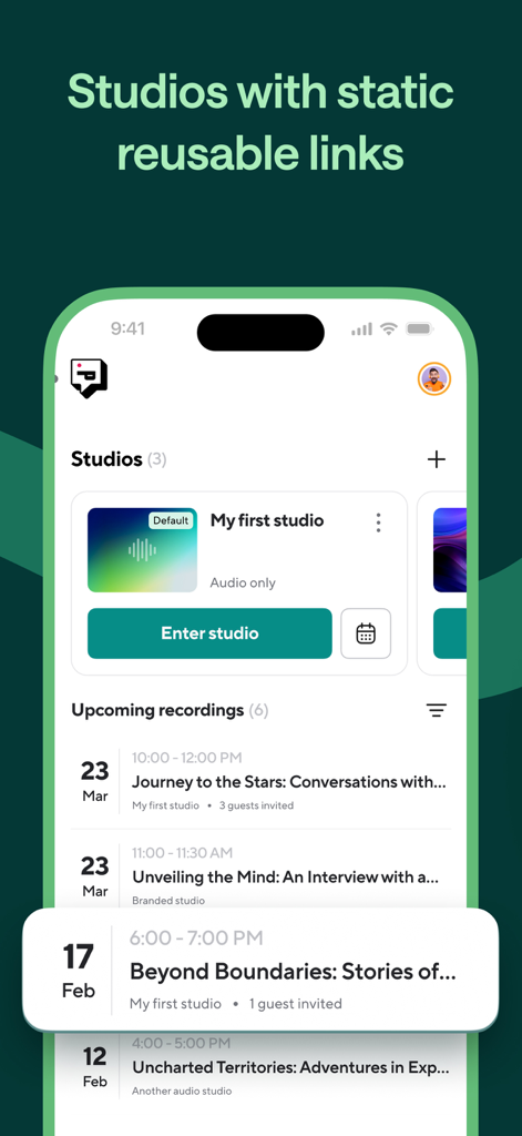 Podcastle: Podcast Recordings - Podcastle mobile app interface showing a list of recording studios and upcoming podcast sessions.