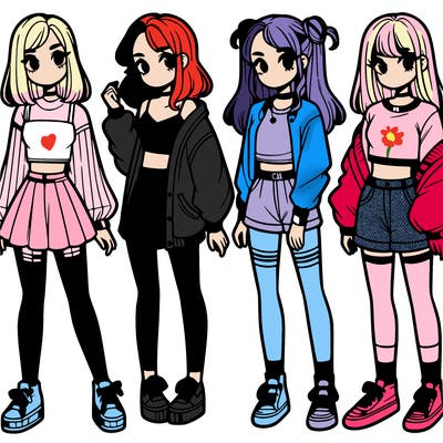 one girl with crop-top shirt and a jacket with a skirt, long socks and another girl with a shirt and pants with a jacket