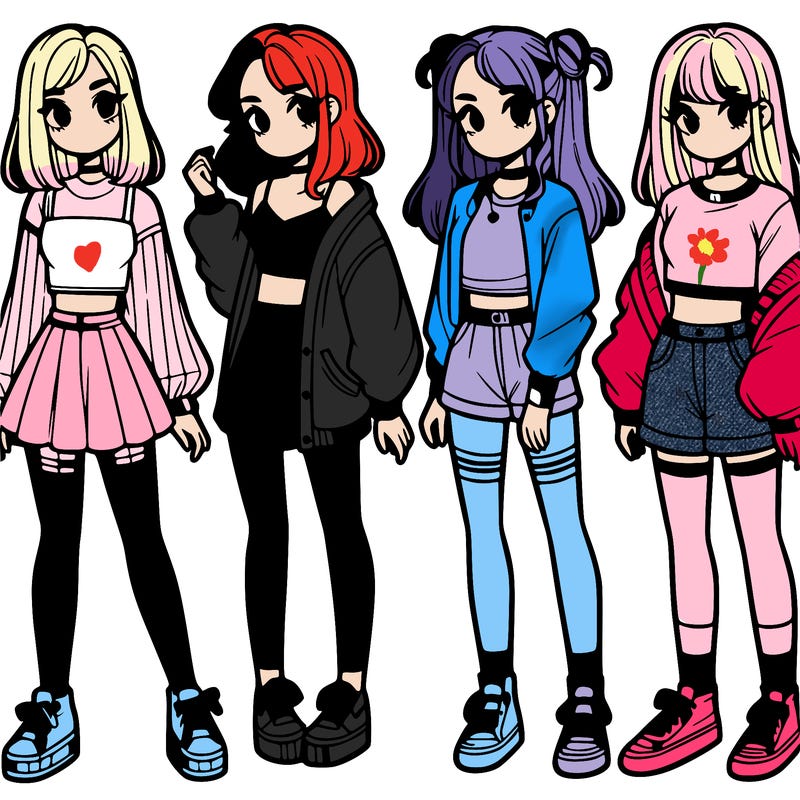 one girl with crop-top shirt and a jacket with a skirt, long socks and another girl with a shirt and pants with a jacket