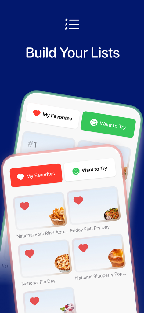 Food Holidays Calendar - Captura de tela da interface do aplicativo Calendário de Feriados Gastronômicos para criar listas de eventos gastronômicos favoritos e itens para experimentar