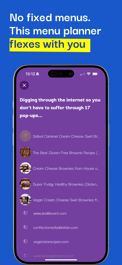 Menu planner - OH, a potato! - Écran d'application mobile affichant une liste de recettes de brownies trouvées sur Internet sans pop-ups.