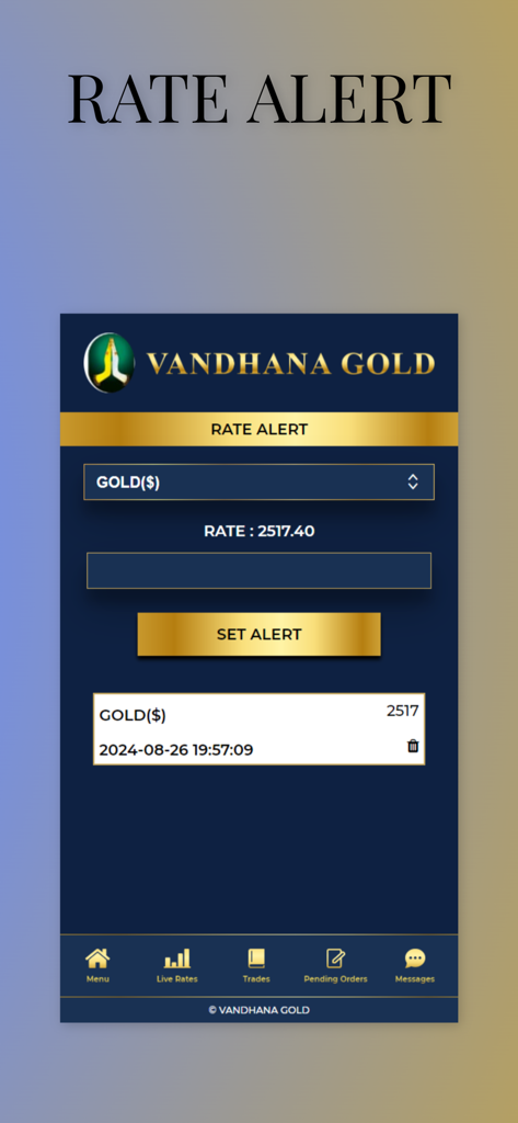 Vandhana Gold Live - Interfaz de la aplicación Vandhana Gold Live para configurar alertas de tarifas de precios de oro personalizadas