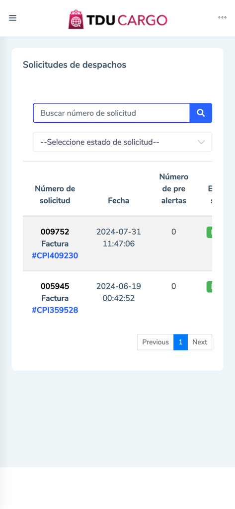 TDU Cargo - TDU Cargo app interface showing a list of dispatch requests with shipment numbers and dates