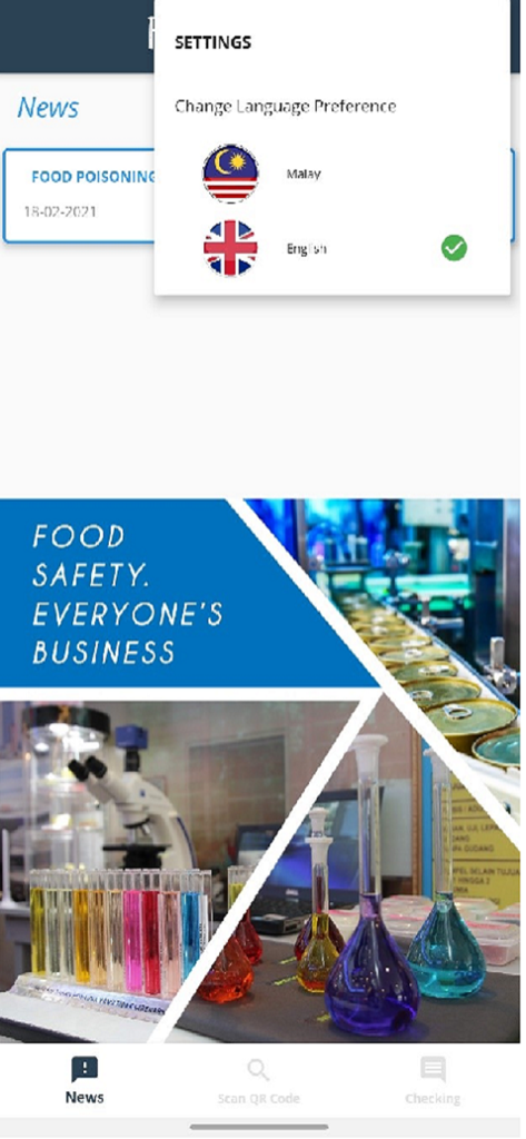FoSIM Public Apps - FoSIM Public Apps interface showing language settings for English and Malay alongside food safety laboratory imagery.
