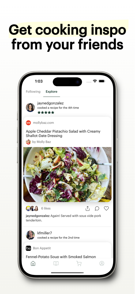 Deglaze: Cooking, Simplified - Smartphone screen showing the Deglaze app social feed where friends share recipes and cooking reviews for inspiration.