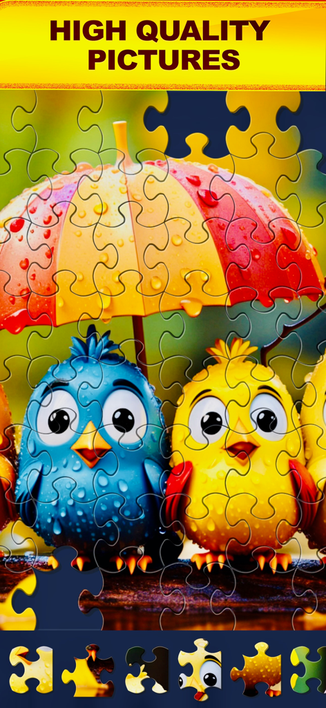 Digital jigsaw puzzle featuring two colorful birds under an umbrella with high definition graphics
