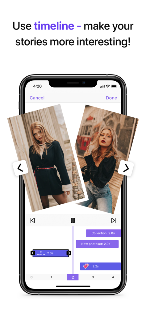 Story Templates & Reels Maker - Mobile app interface showing a video timeline editor for social media stories and reels