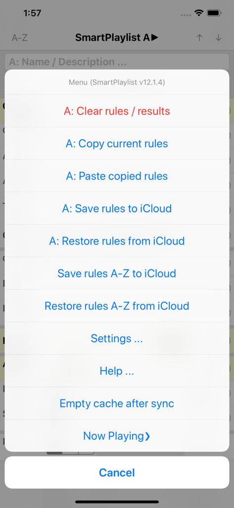 SmartPlaylist app menu showing options to manage rules and sync with iCloud