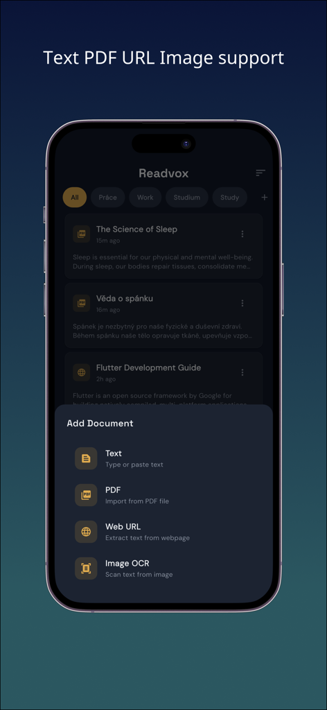 Text to Speech Reader - Rea... - ReadVox app screen showing options to import text, PDF files, web URLs, and images via OCR for text-to-speech reading.