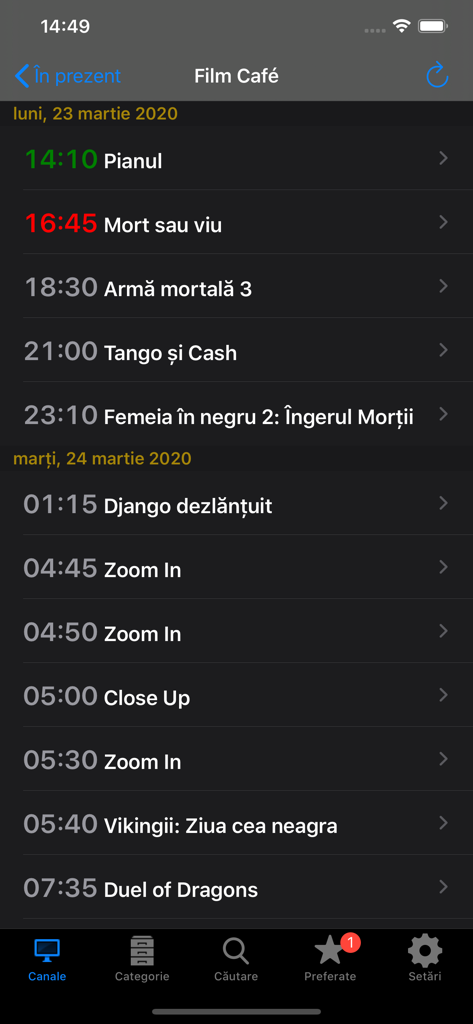 Horario diario de películas del canal Film Cafe en la aplicación Horario de TV Rumana mostrando horarios y títulos de películas