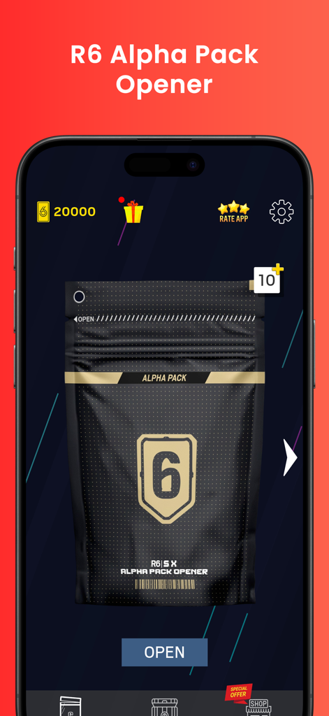 R6 Alpha Pack Opener - Main interface of the R6 Alpha Pack Opener app showing a black alpha pack with a gold shield logo and an open button