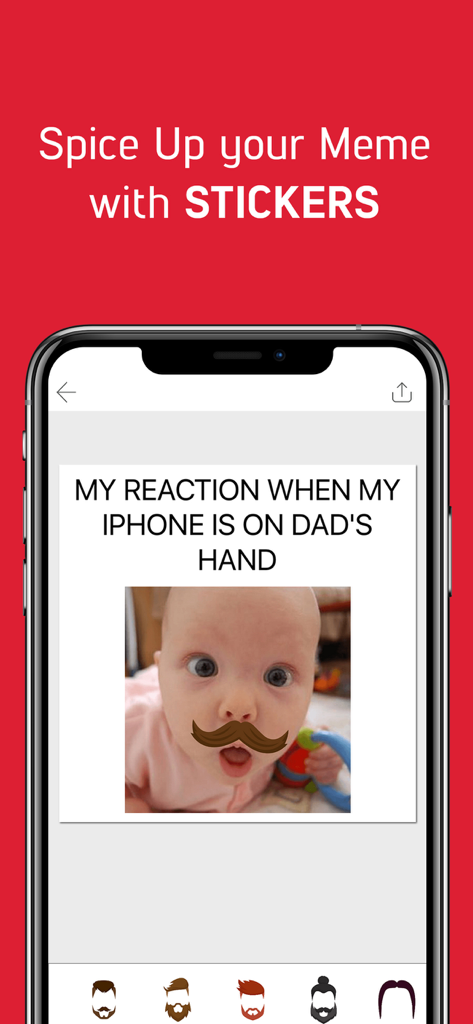 Meme Creator: Make Dank Memes - Oberfläche der Meme Creator App, die ein Babyfoto mit einem Schnurrbart-Sticker und einer Auswahl an Bart-Stickern unten zeigt