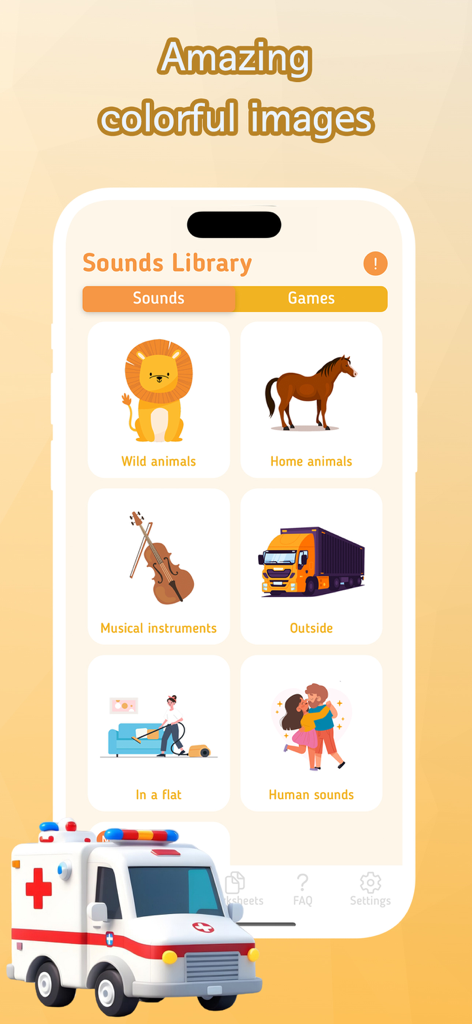 Speech Therapy: Let Me Talk - Interface of the Speech Therapy app showing various sound categories with colorful illustrations for animals and musical instruments.