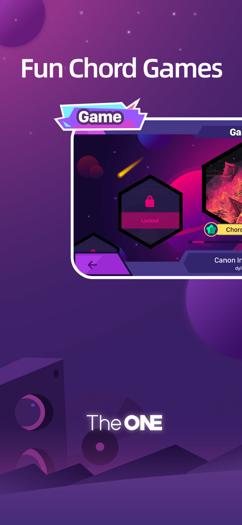 TheONE Smart Piano - TheONE Smart Piano app showing a space themed chord game interface.