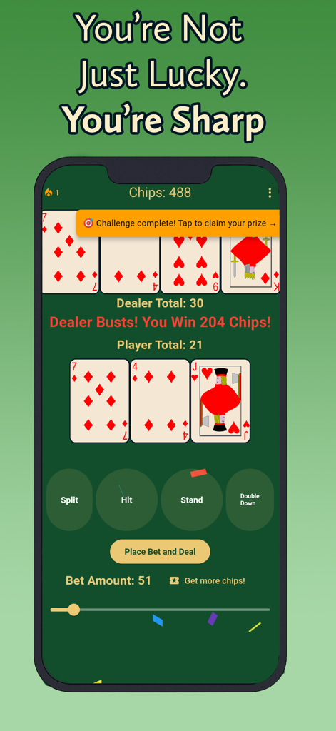 Blackjack Trainer and Analyzer - Screenshot der Blackjack Trainer und Analysator App, der einen Spieler-Sieg mit einer Dealer-Bust-Meldung zeigt.