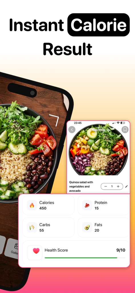 Calzeno Diet - Calorie Tracker - Interfaz de la aplicación Calzeno mostrando resultados instantáneos de calorías y macronutrientes de un escaneo de alimentos IA