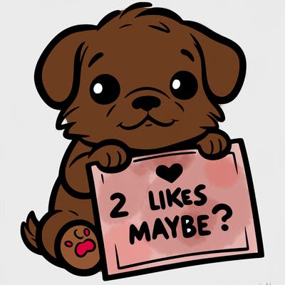 a puppy holding a sign that says 2 likes maybe?