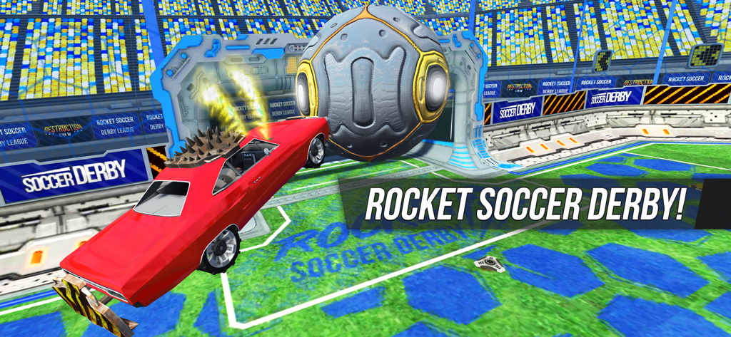 Rocket Soccer Derby - Un coche rojo con púas golpeando un gran balón de fútbol en una arena de estadio