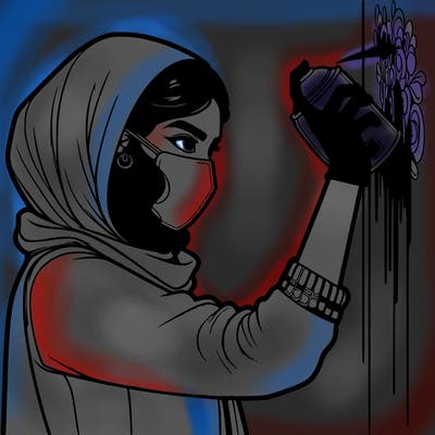 realistic girl with mask spray painting a wall