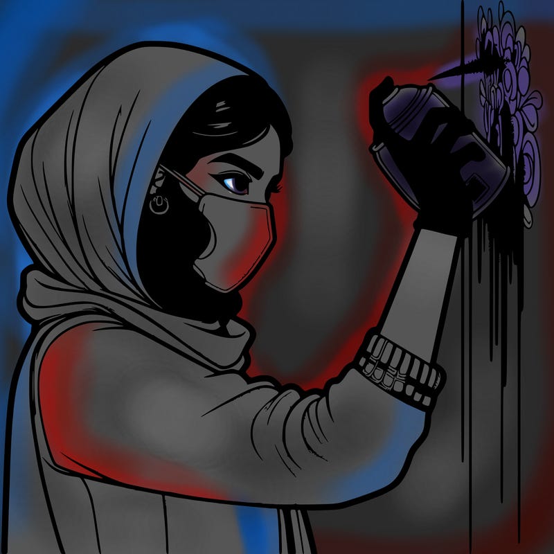 realistic girl with mask spray painting a wall