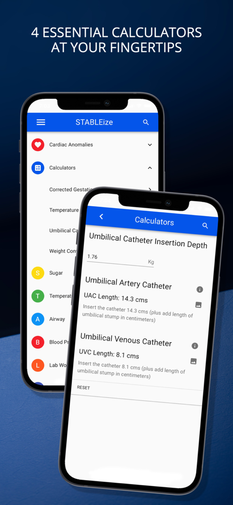 STABLEize - The STABLE Program - STABLEizeアプリのインターフェースに新生児医療計算機と臍帯カテーテル深度計算が表示されている