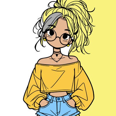 girl with a messy ponytail glasses a baggy crop top and jean shorts