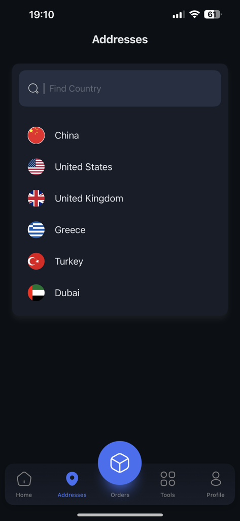 SpaceCargo App - The Addresses screen of the SpaceCargo app displaying a list of international shipping hubs and countries