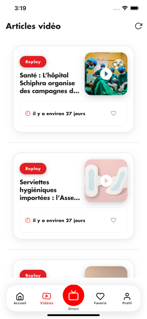 FILINFO TV - FILINFO TV mobile app screen showing a list of video news articles about Burkina Faso.