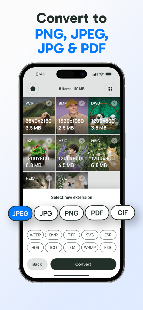 PNGやJPEGなど、さまざまなファイル形式の画像変換オプションを表示するスマートフォンの画面