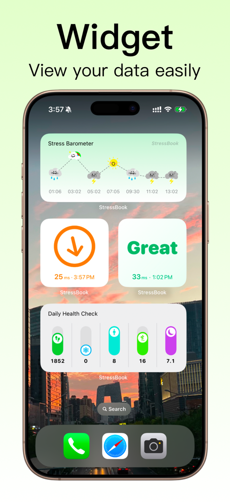 StressBook widgets on an iPhone displaying stress levels and daily health data