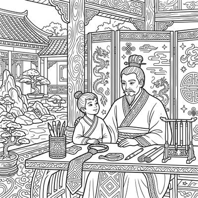 Journey back to the ancient Zhou Dynasty with this touching Father's Day coloring page, depicting a wise father and child sharing a moment of learning. Celebrate the timeless bond of family amidst richly detailed historical settings and traditional Chinese artistry.