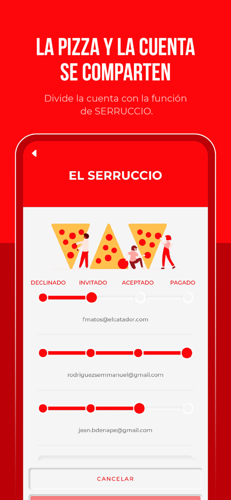 Interfaz de la función Serruccio® de la app Pizzarelli que muestra el estado de división de la cuenta para múltiples usuarios.