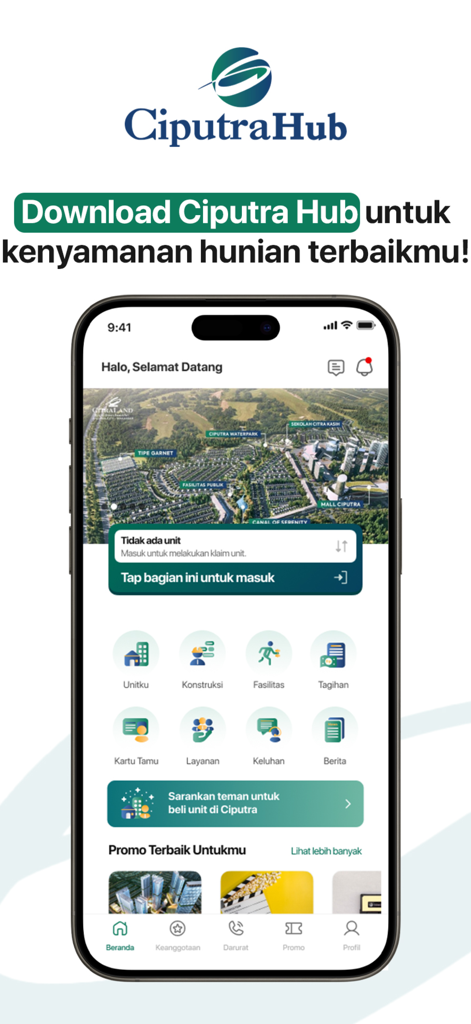 Ciputra Hub - Ciputra Hub mobile app home screen interface showing integrated property management services for residents and investors.