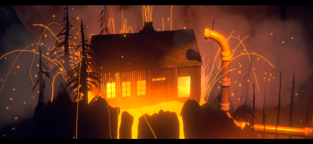 The Forest Quartet - A stylized wooden house on a cliff with flowing lava and fire embers in a dark forest.