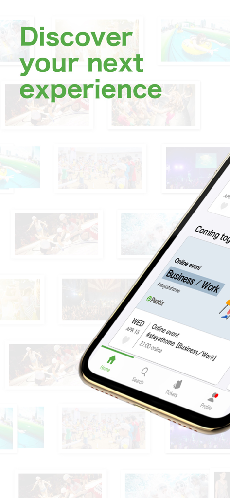 App Peatix su uno schermo di smartphone con il testo Scopri la tua prossima esperienza